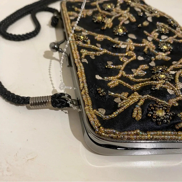 Lancôme Womens Beaded Vintage Unused Bag Black Gold Excellent Condition - Picture 6 of 14